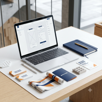 Square graphic icon featuring a laptop displaying mobile UI UX wireframes alongside branded marketing collateral including logo cards, banners, brochures, and social media icons in white, orange, and navy blue.