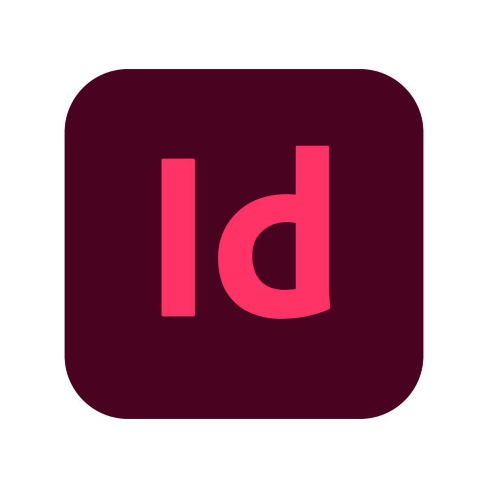 Adobe InDesign logo with pink “Id” lettering on a dark maroon rounded-square background.