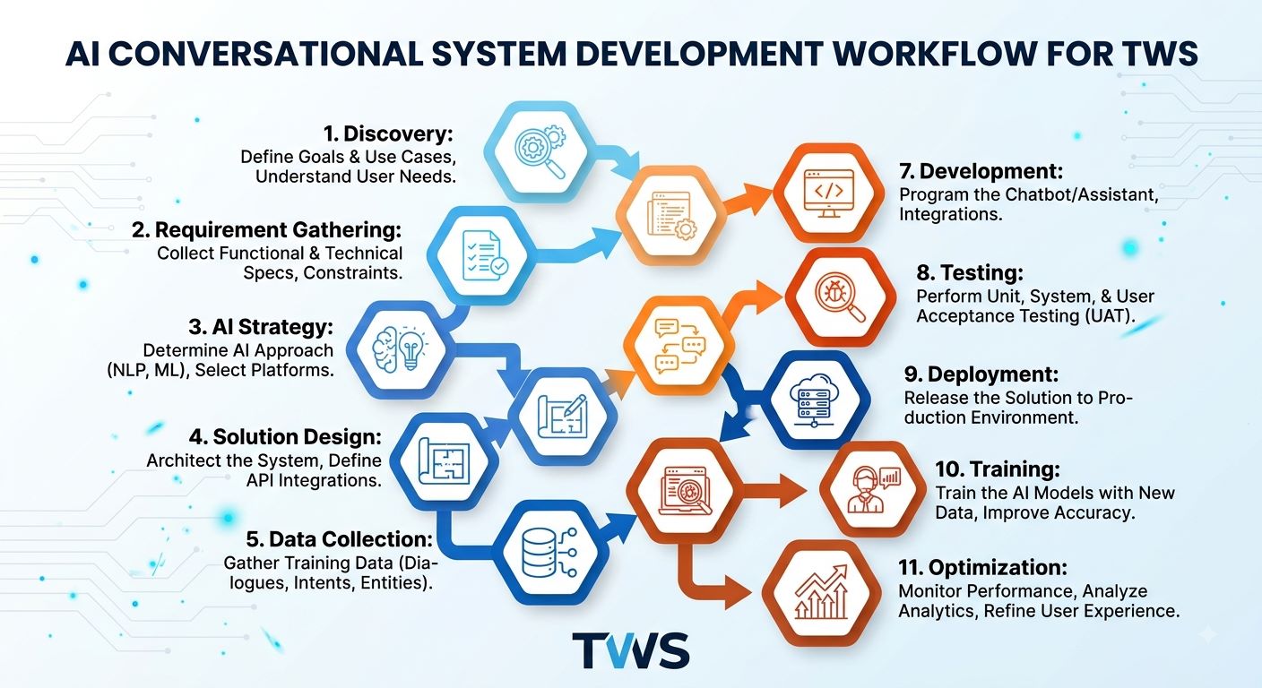 An infographic flow chart titled "AI Conversational System Development Workflow for TWS." The diagram outlines an 11-step process, starting with Discovery and ending with Optimization. It uses colored hexagonal icons and arrows to illustrate a non-linear path. Text boxes adjacent to each hex detail specific tasks for each phase, such as "Define Goals," "Gather Training Data," and "Perform Testing." A TWS logo is at the bottom center.