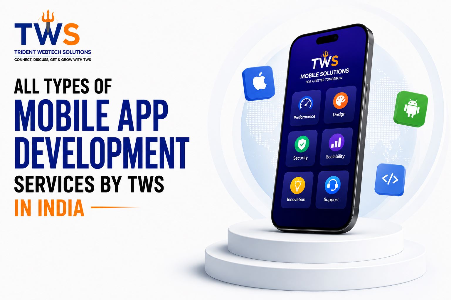 Mobile app development services by TWS in India featuring native, cross-platform, UI/UX design, API integration, scalable apps, and maintenance support