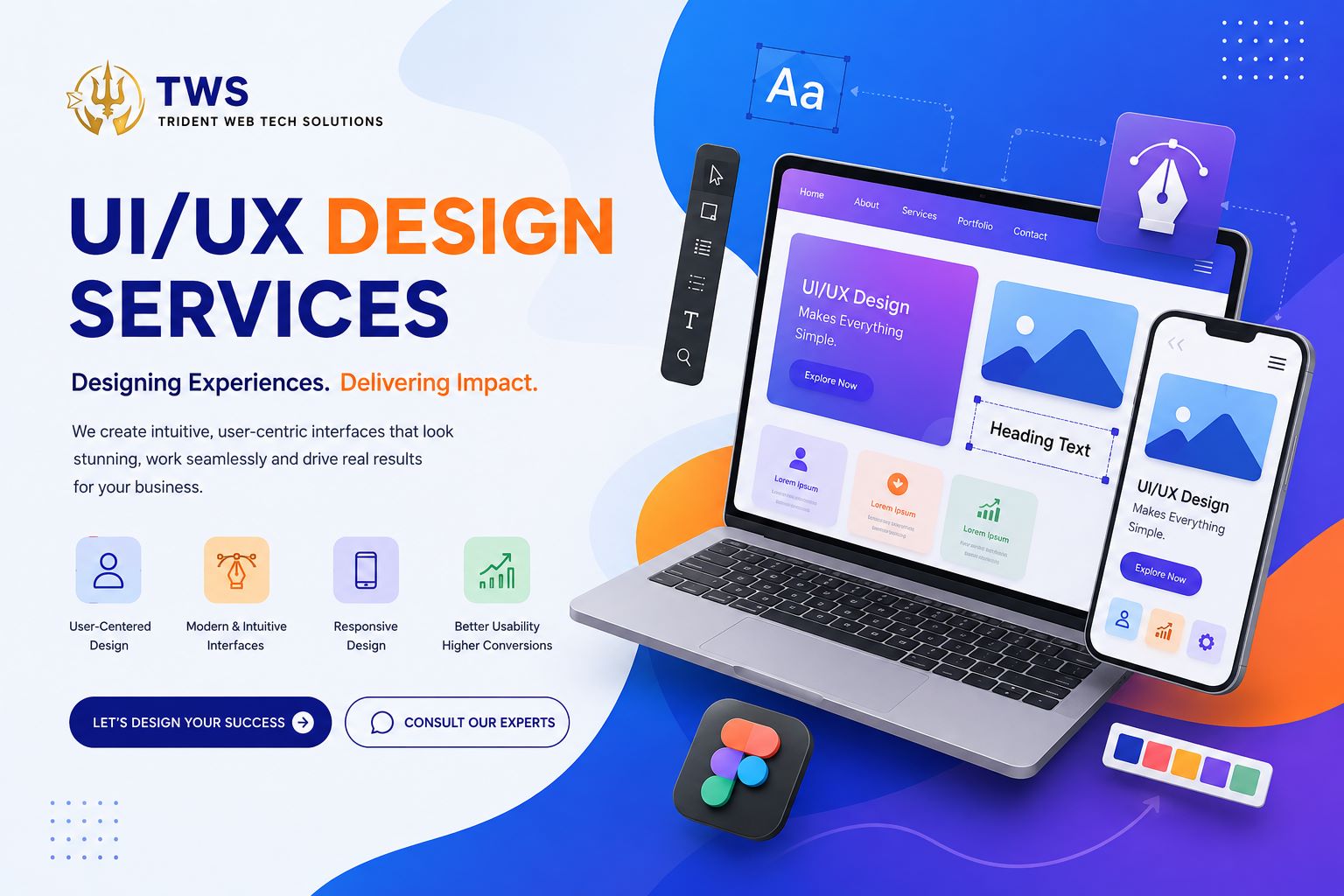 UI/UX design services webpage showcasing responsive website and mobile app interface designs by TWS
