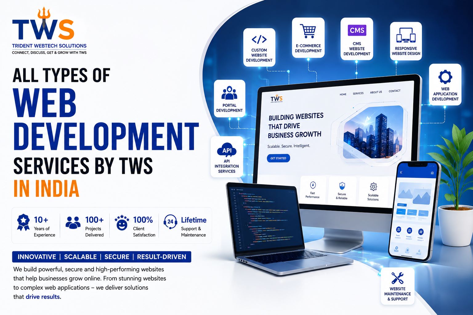 Web development services by TWS in India featuring custom websites, e-commerce, CMS, responsive web design, web applications, portals, API integration, and website maintenance.